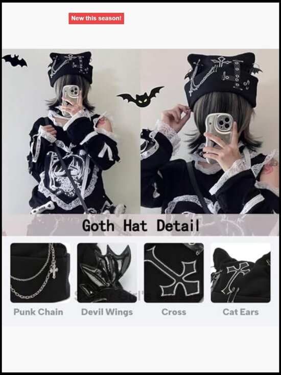 Goth Cat Ear Beanie Hat Punk Y2k Grunge Knitted Streetwear Skullie for Women main image 7